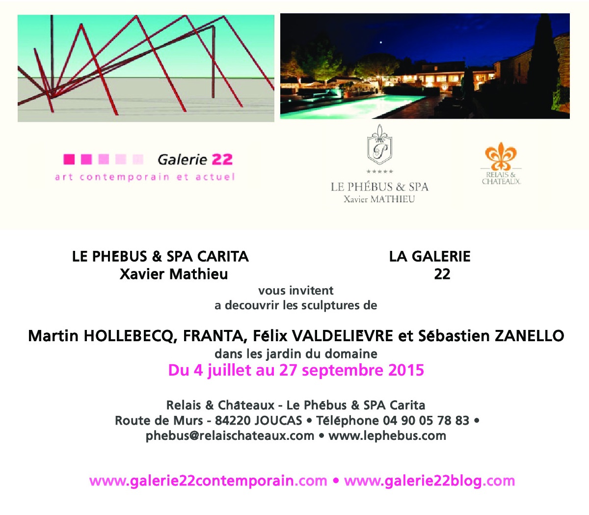 Affiche d'exposition : La Galerie 22 et l'hôtel Le Phébus exposent les sculptures de Martin Hollebecq, Franta, Félix Valdelièvre et Sébastien Zanello