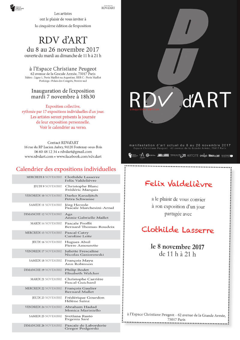 Affiche de la cinquième édition rdv d'art à Paris, espace Christiane Peugeot. Le sculpteur sur métal Félix Valdelièvre participe à cette exposition.