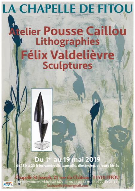 Affiche-Fitou-exposition-sculptures-lthographie-Felix-Valdelievre-Atelier-Pousse-Caillou