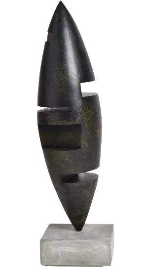 Photographie détourée d'une sculpture en acier patiné, haute de 60 cm avec son socle béton. Sculpture de Félix Valdelièvre, sculpteur sur métal, créée en 2017